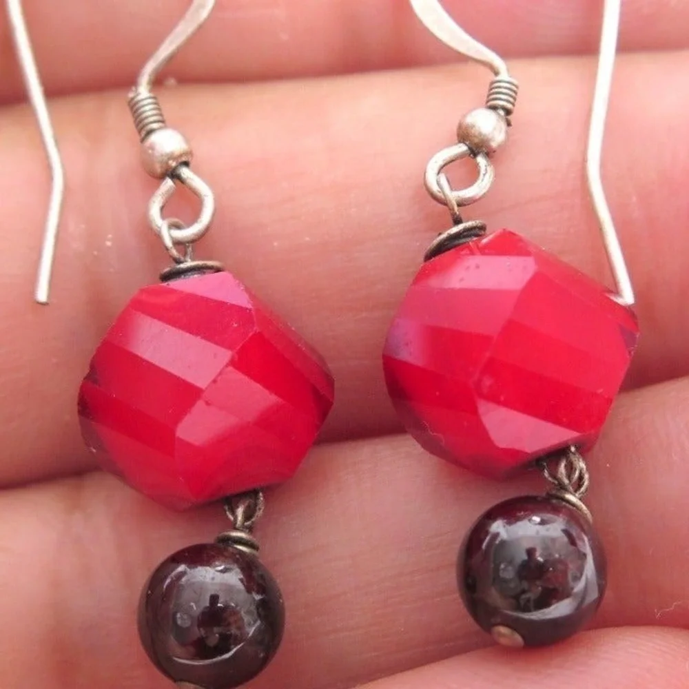 Bright Red Gemstone Sterling Silver‎ Drop  Dangle Earrings